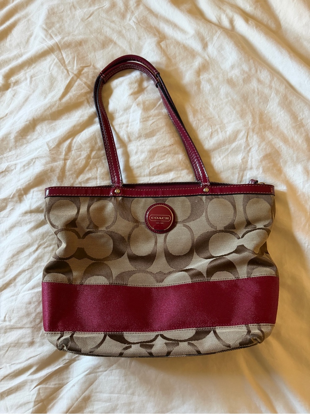 Coach Signature Burgungy Stripe Tote
